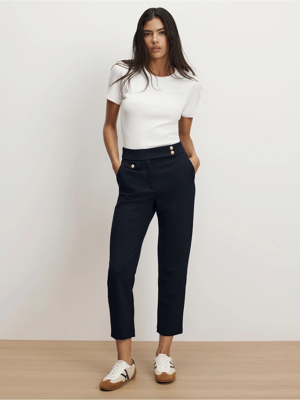 Veronica Beard Renzo Navy Cropped Gold Button-Front Trousers Pants READ
